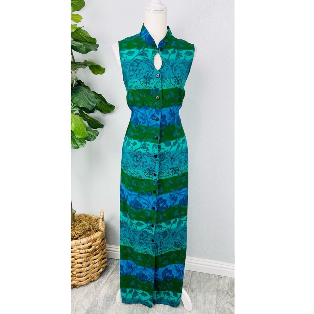 Vintage Olivia Rose Sleeveless Green Floral Maxi Double Slit Short Dress